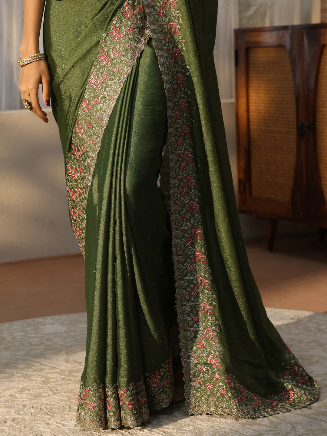 Olive Green Embellished Chiffon Saree