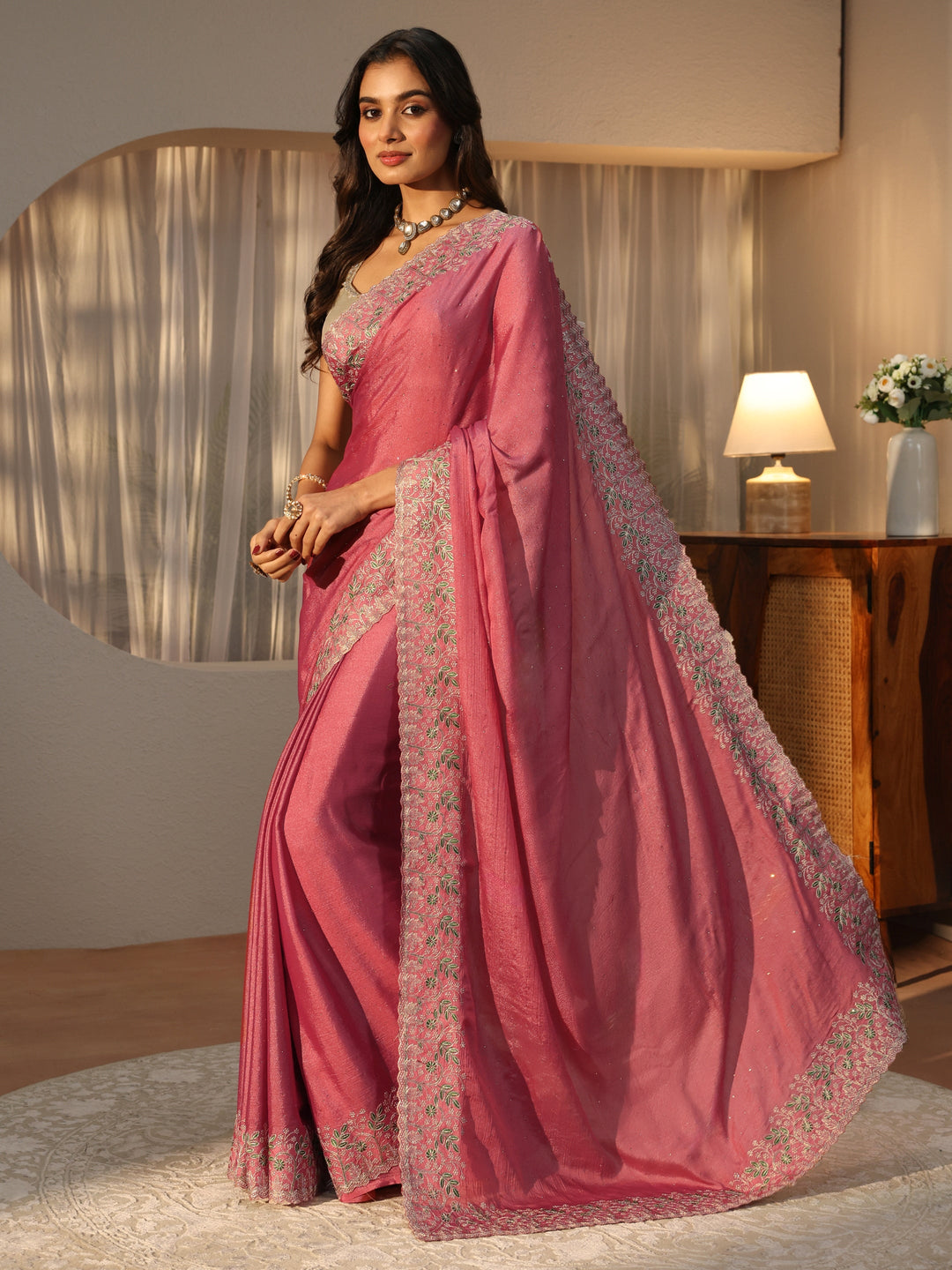 Dusty Rose Pink Embellished Chiffon Saree
