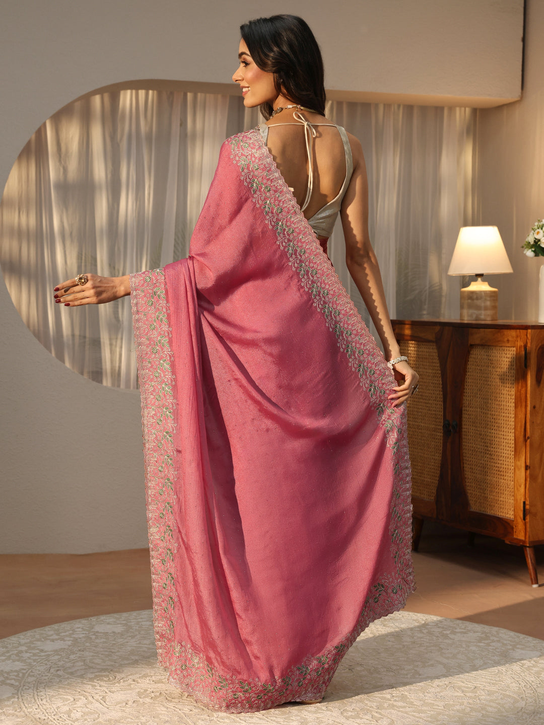 Dusty Rose Pink Embellished Chiffon Saree