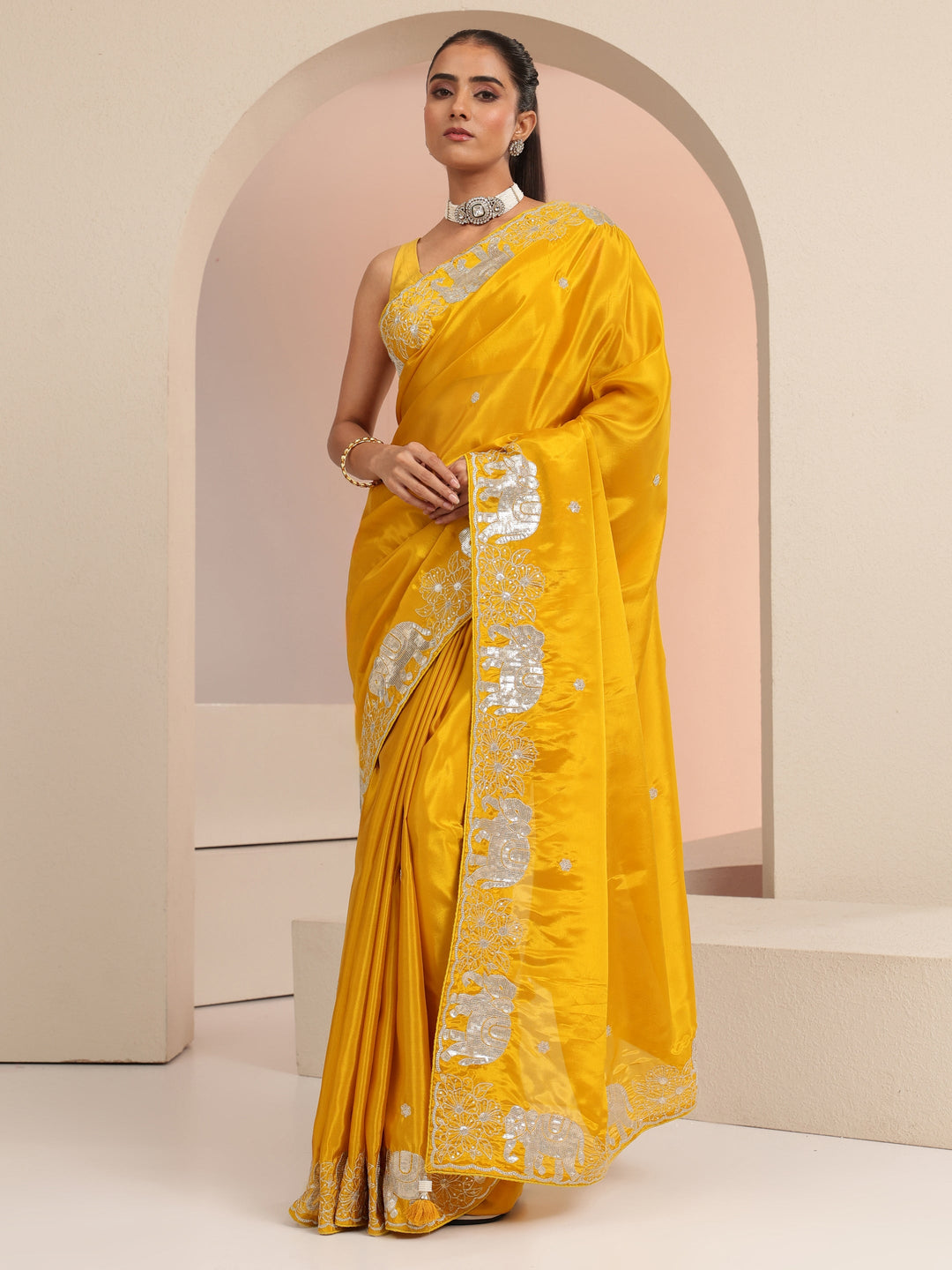 Libas Mustard Embellished Satin Saree with Gaja Motif Border