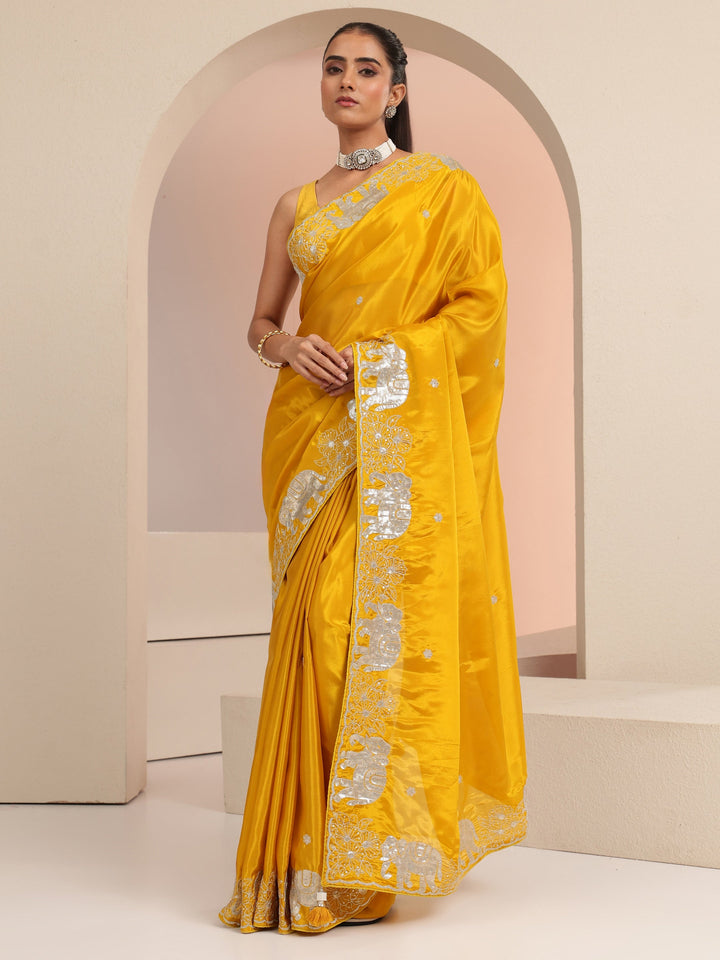 Libas Mustard Embellished Satin Saree with Gaja Motif Border