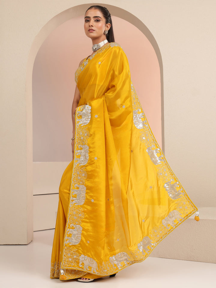 Libas Mustard Embellished Satin Saree with Gaja Motif Border