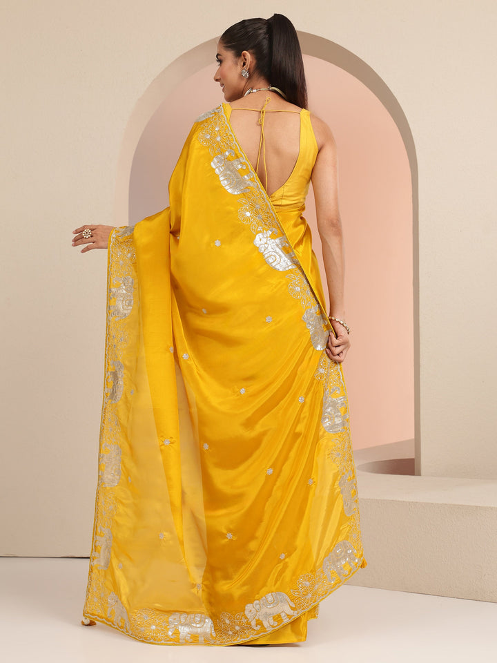 Libas Mustard Embellished Satin Saree with Gaja Motif Border