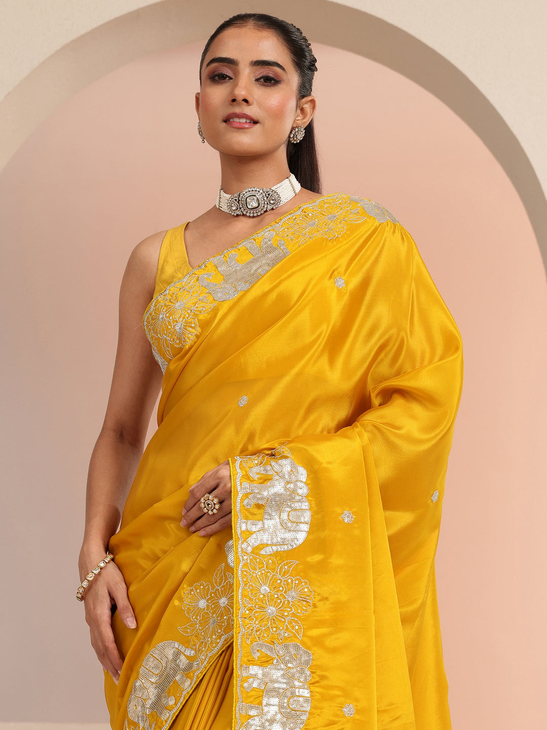 Libas Mustard Embellished Satin Saree with Gaja Motif Border