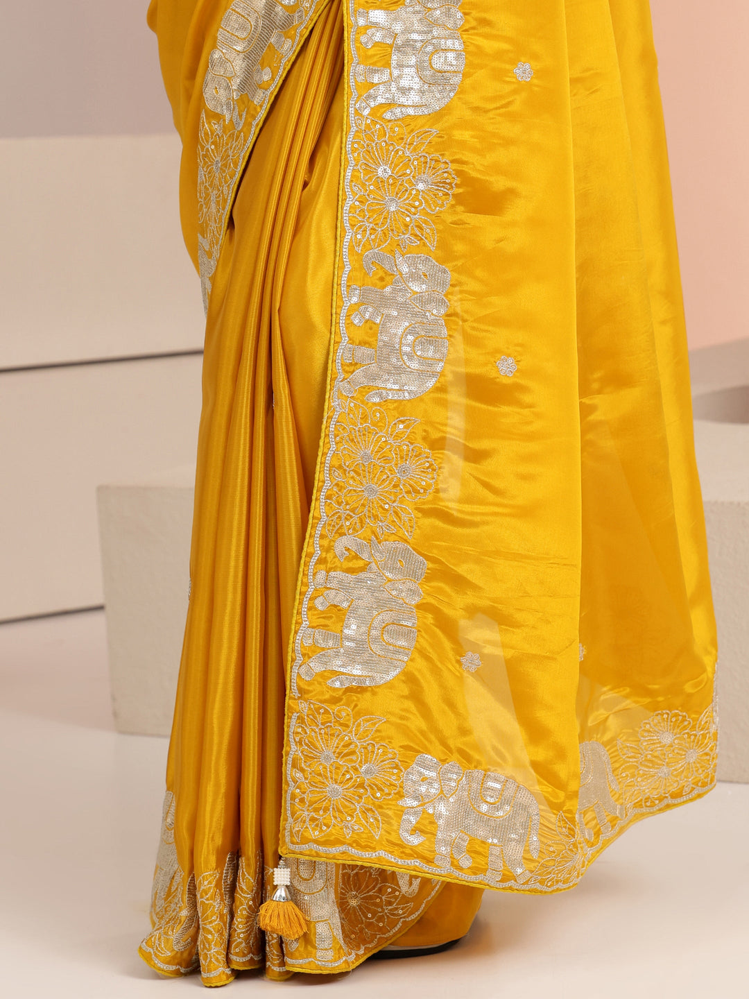 Libas Mustard Embellished Satin Saree with Gaja Motif Border
