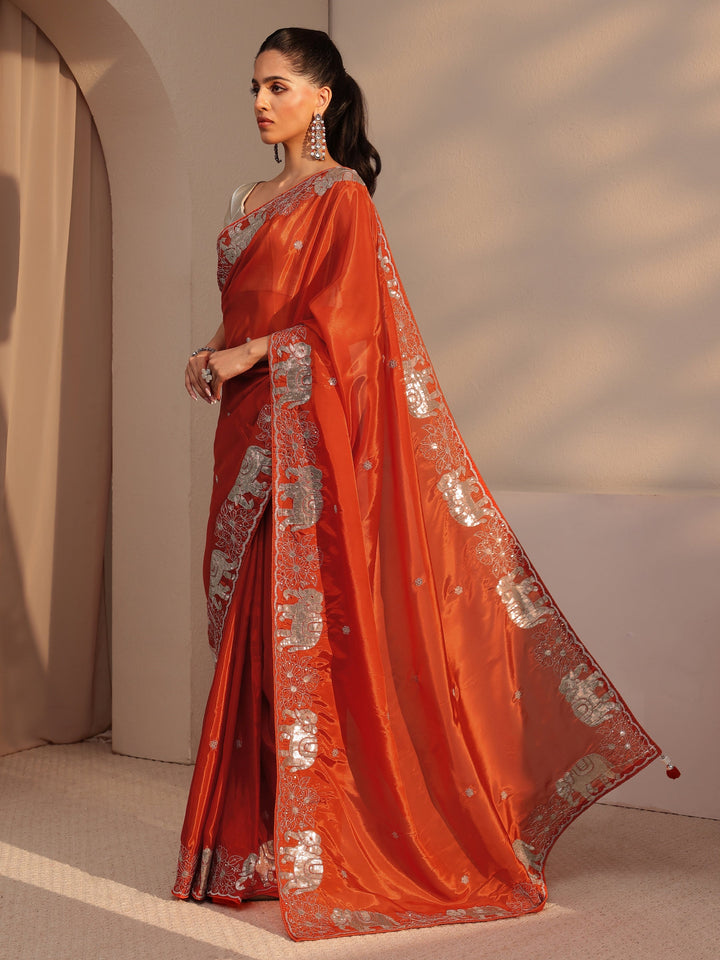Libas Orange Embellished Satin Saree with Gaja Motif Border