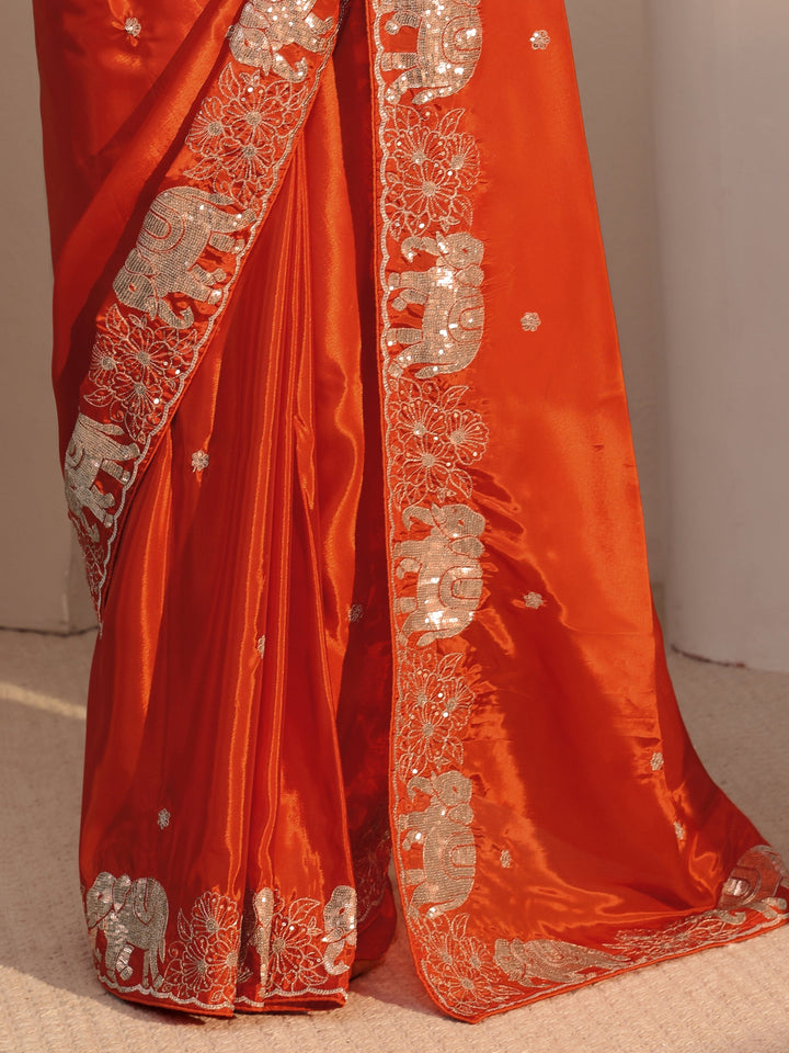 Libas Orange Embellished Satin Saree with Gaja Motif Border