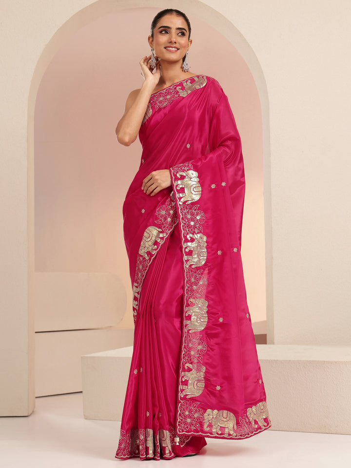 Libas Rani Pink Embellished Satin Saree with Gaja Motif Border