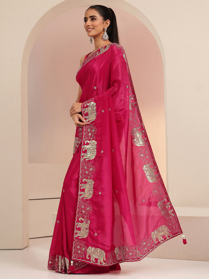Libas Rani Pink Embellished Satin Saree with Gaja Motif Border