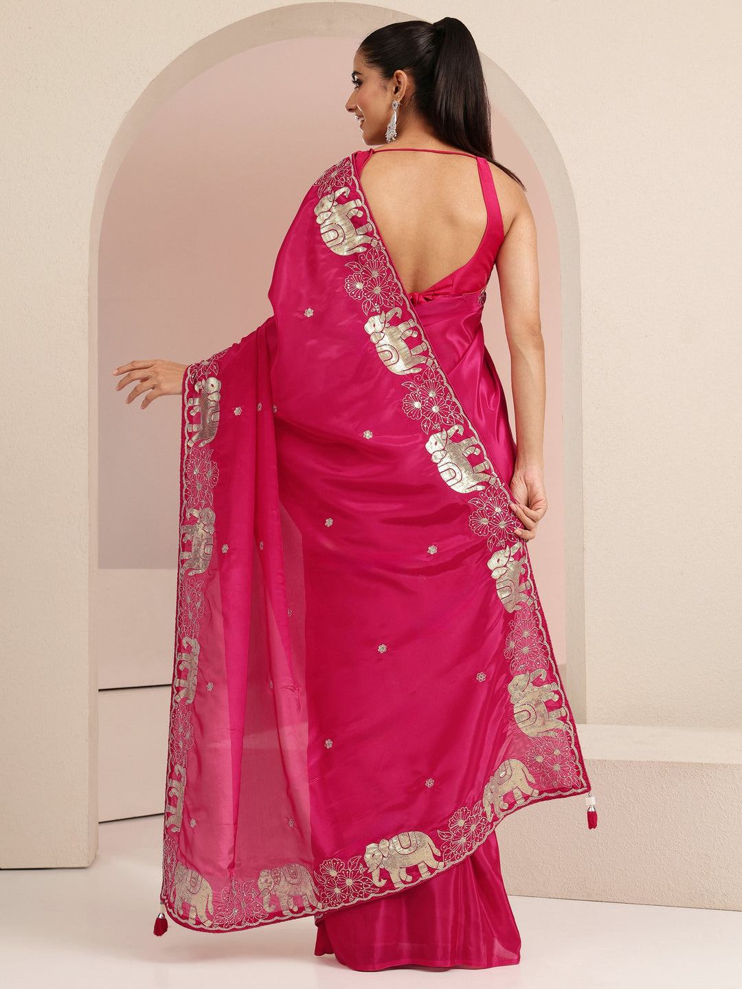 Libas Rani Pink Embellished Satin Saree with Gaja Motif Border