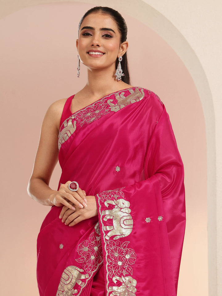 Libas Rani Pink Embellished Satin Saree with Gaja Motif Border