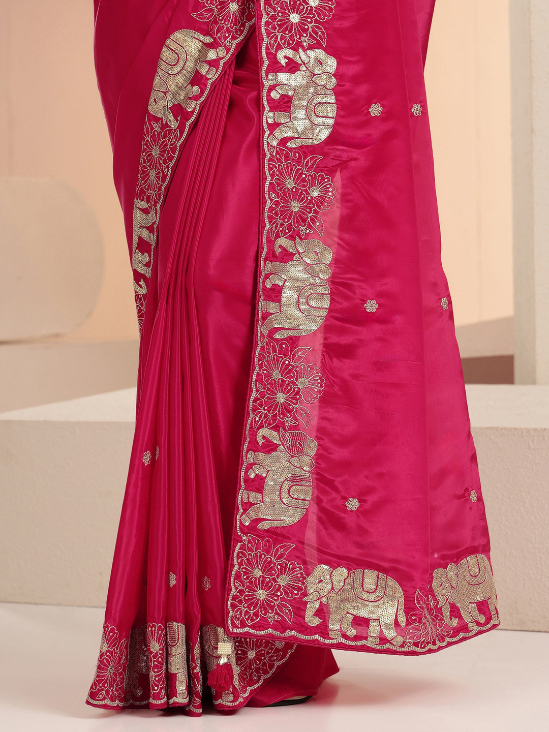 Libas Rani Pink Embellished Satin Saree with Gaja Motif Border