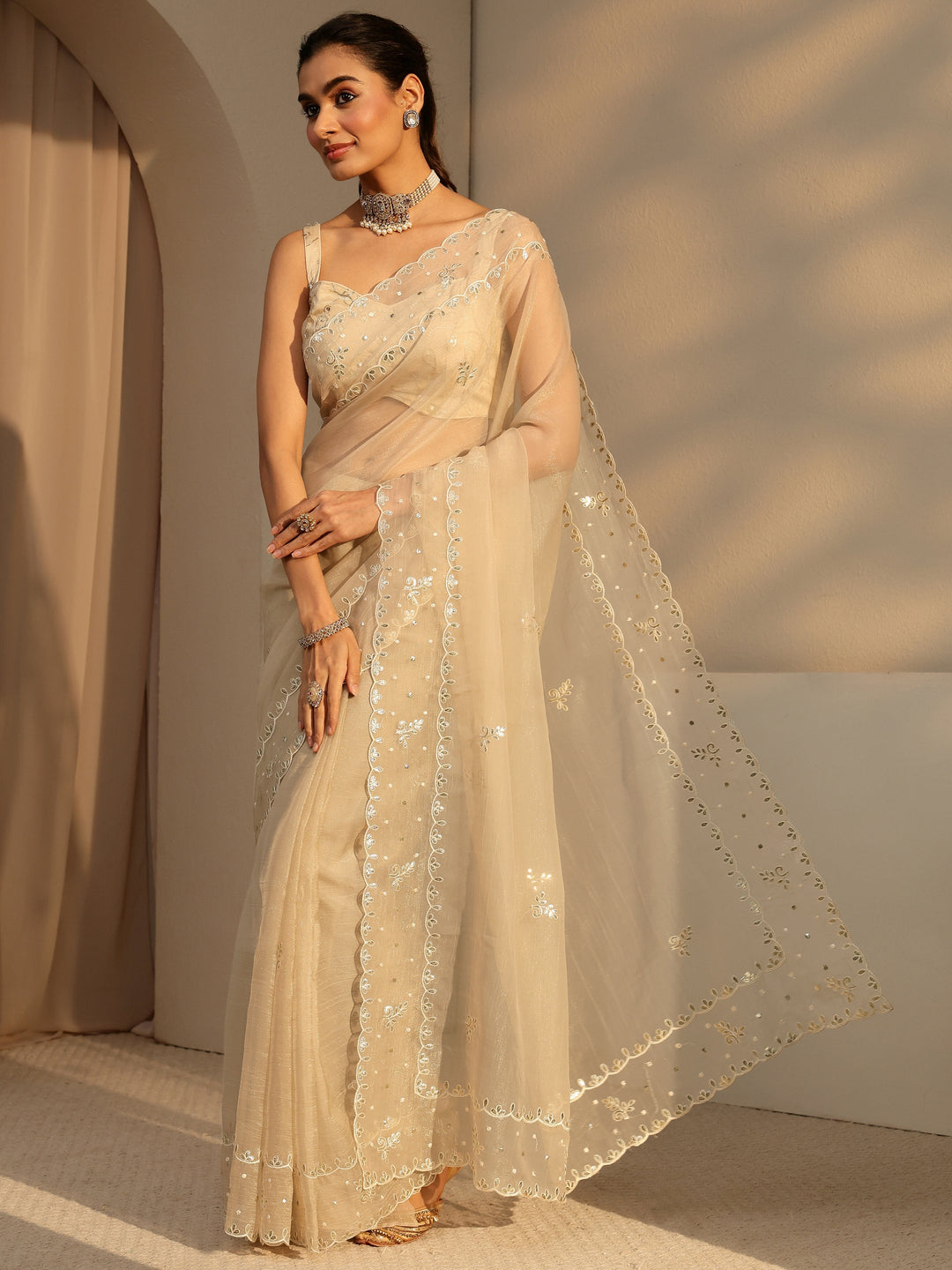 Libas Beige Floral Embroidered Tissue Saree