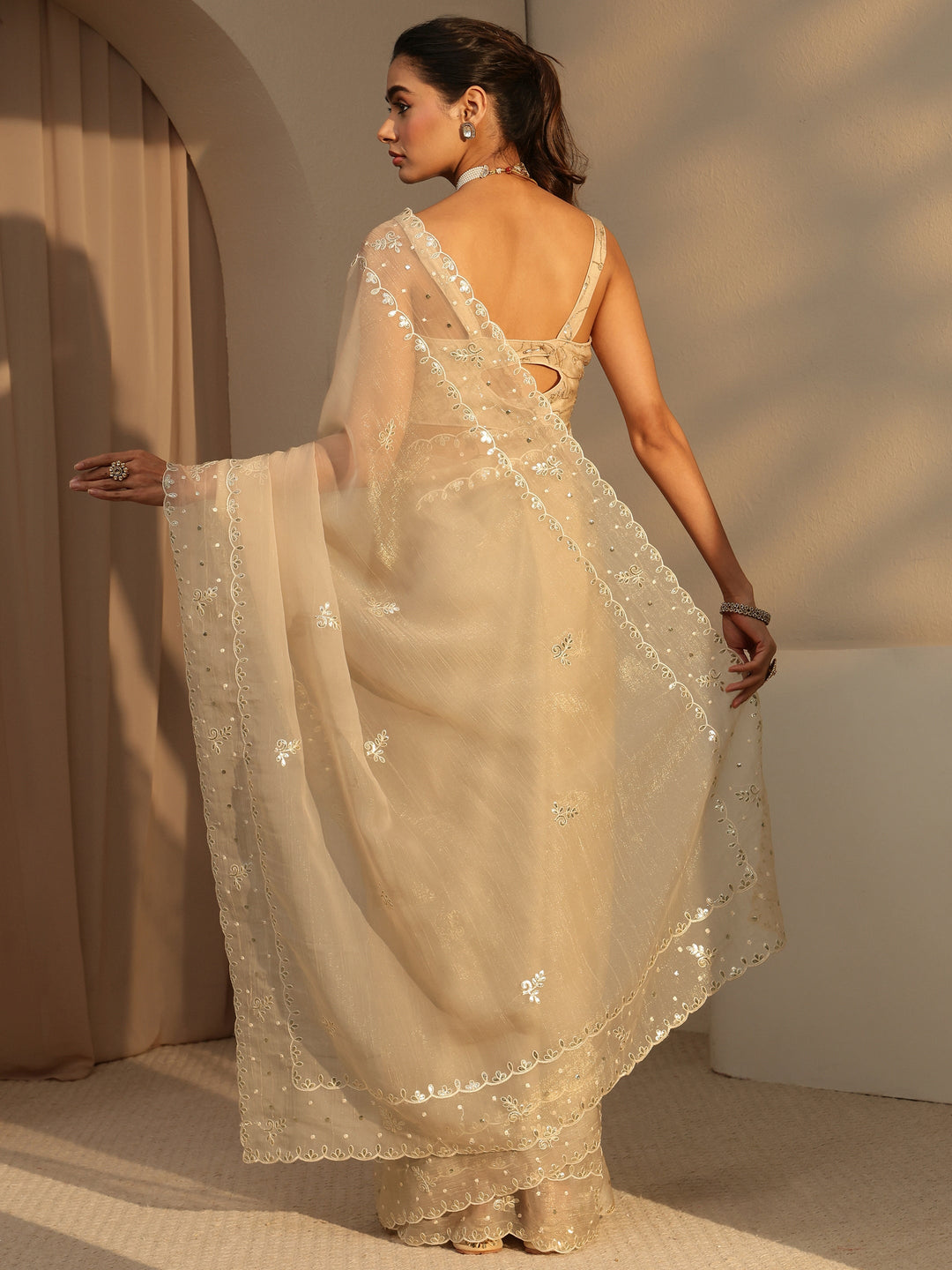 Libas Beige Floral Embroidered Tissue Saree