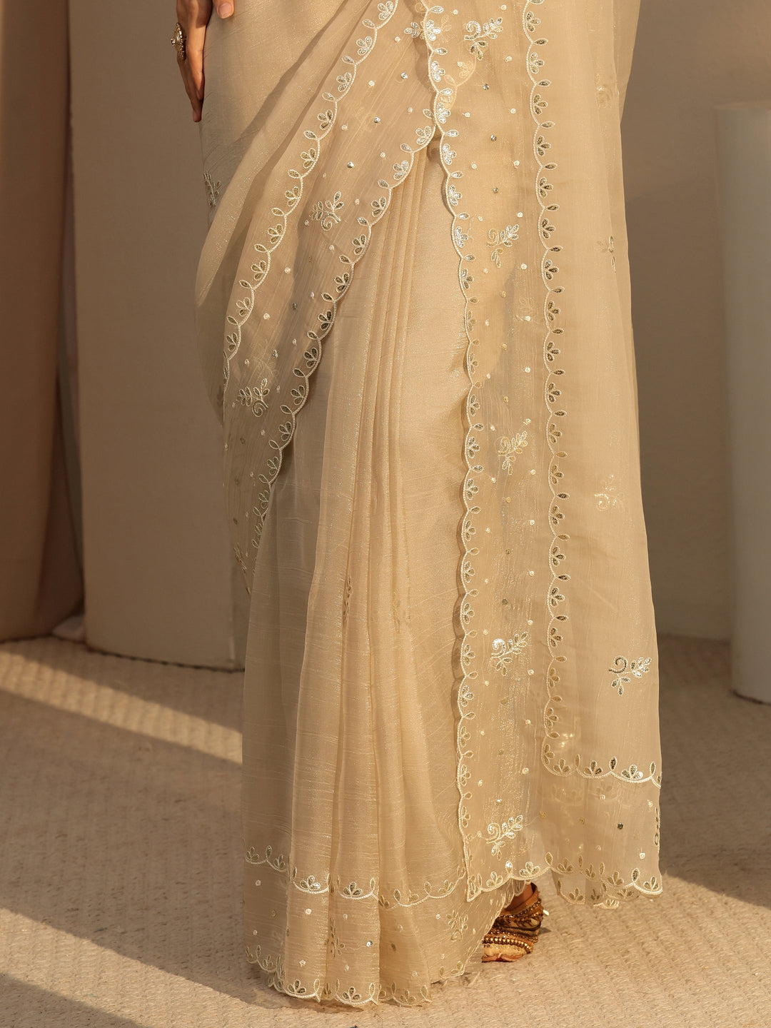 Libas Beige Floral Embroidered Tissue Saree