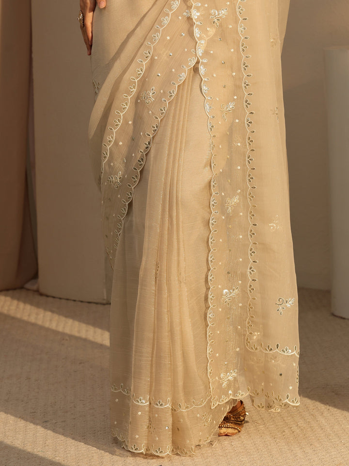 Libas Beige Floral Embroidered Tissue Saree