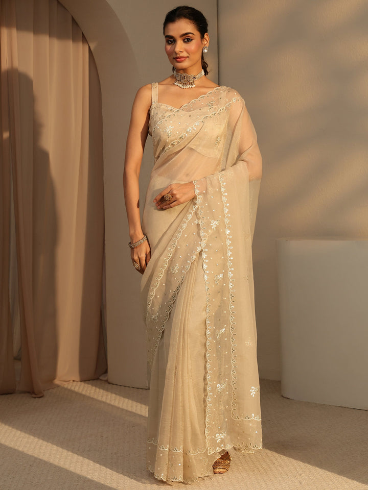 Libas Beige Floral Embroidered Tissue Saree