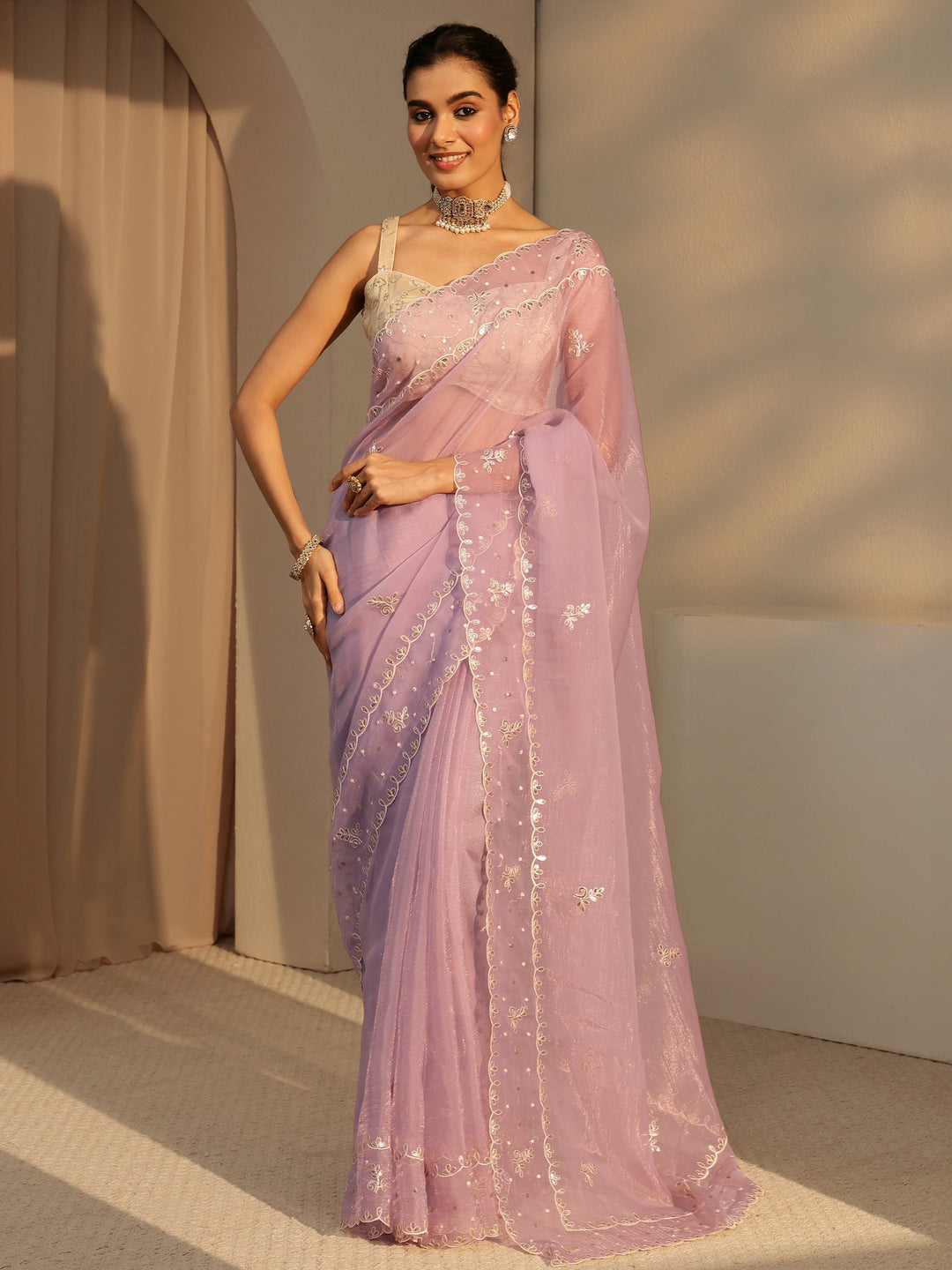Libas Lavender Floral Embroidered Tissue Saree