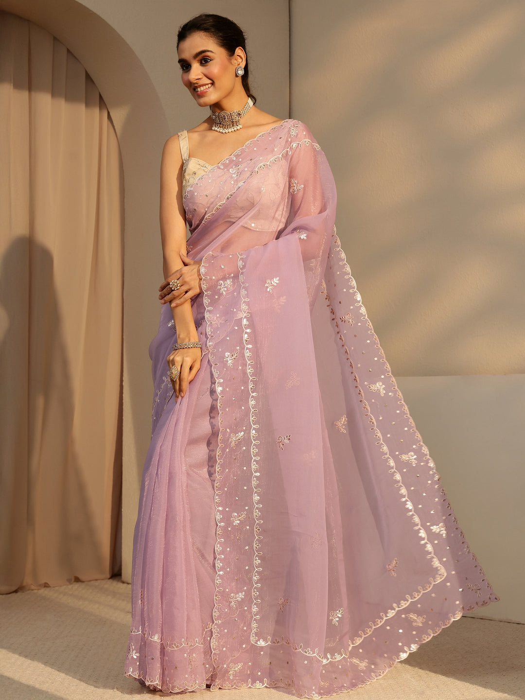 Libas Lavender Floral Embroidered Tissue Saree