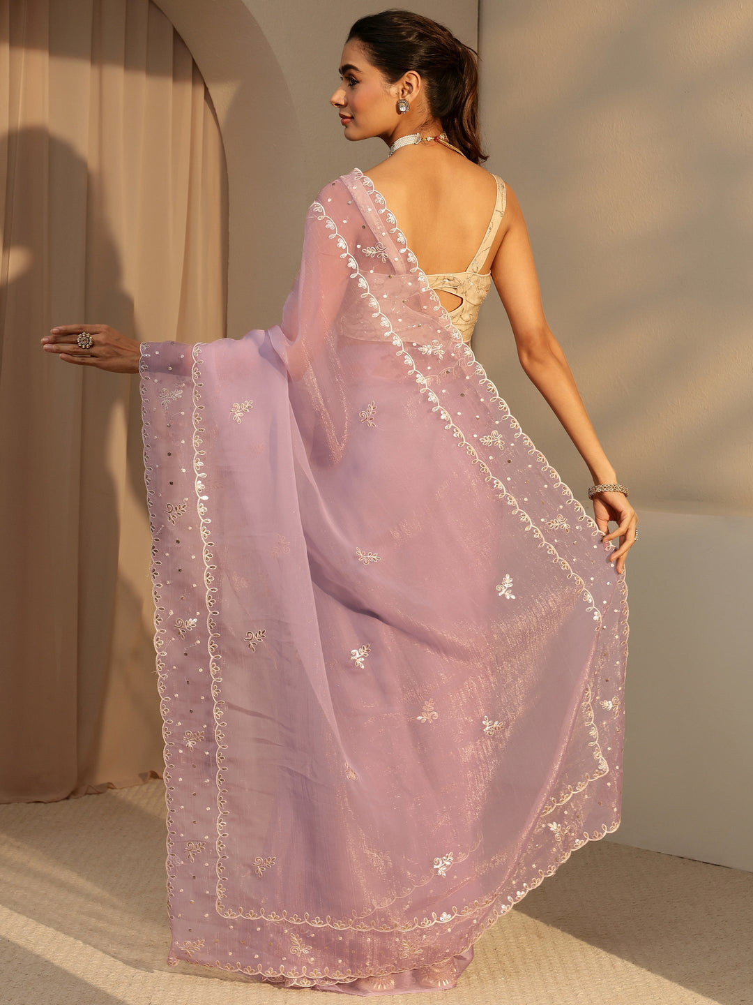 Libas Lavender Floral Embroidered Tissue Saree