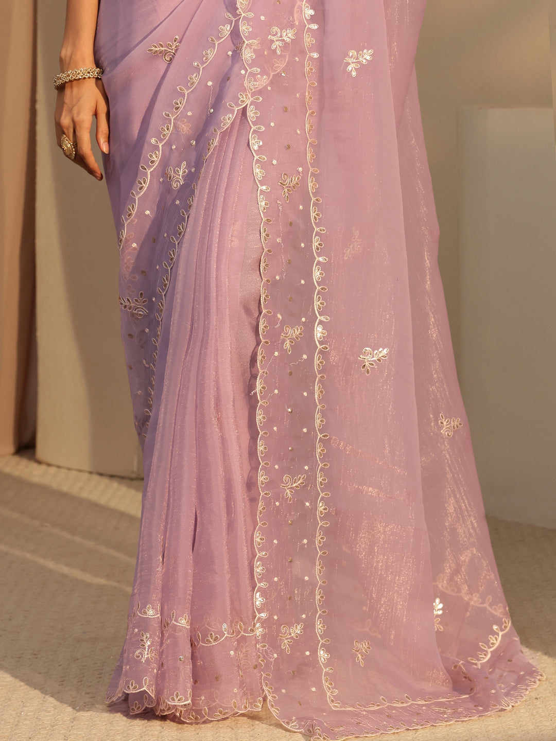 Libas Lavender Floral Embroidered Tissue Saree
