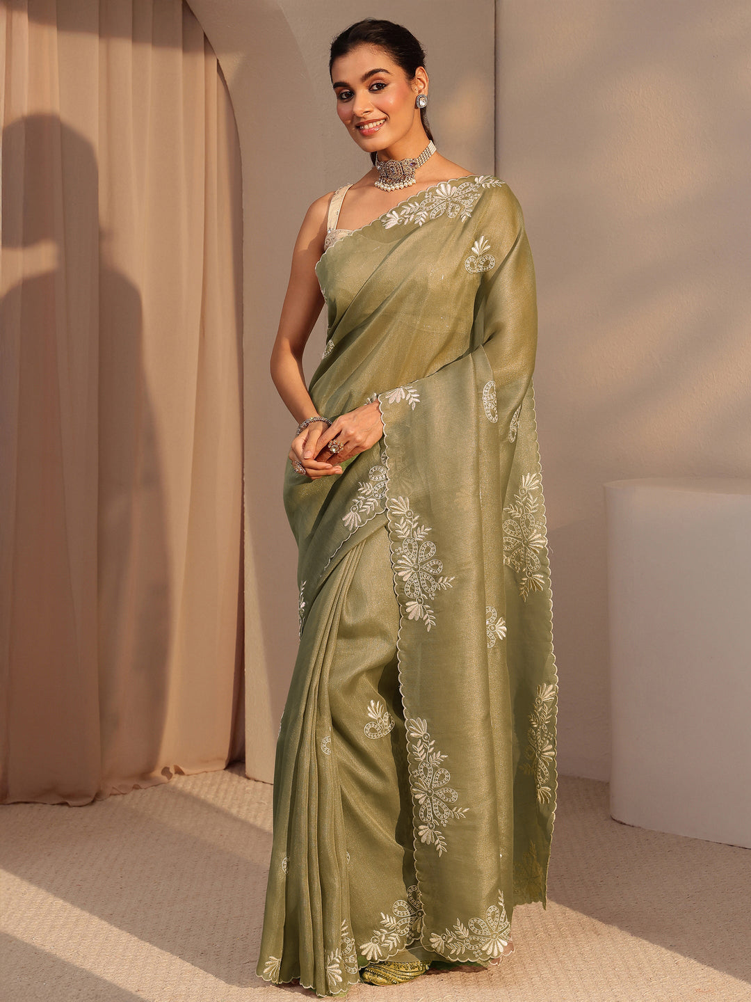 Libas Taupe Floral Embroidered Net Saree