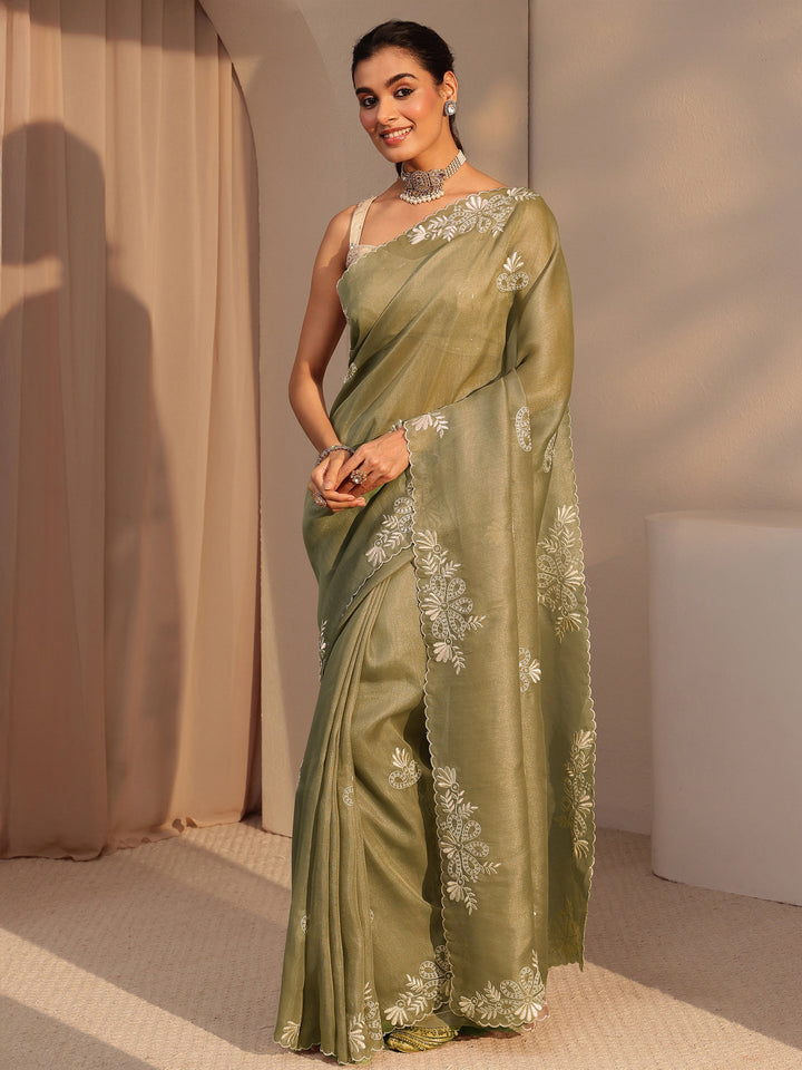 Libas Taupe Floral Embroidered Net Saree