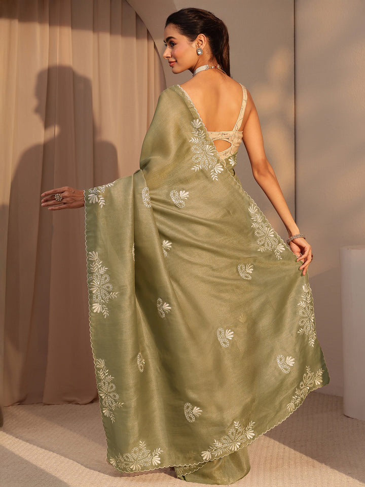 Libas Taupe Floral Embroidered Net Saree