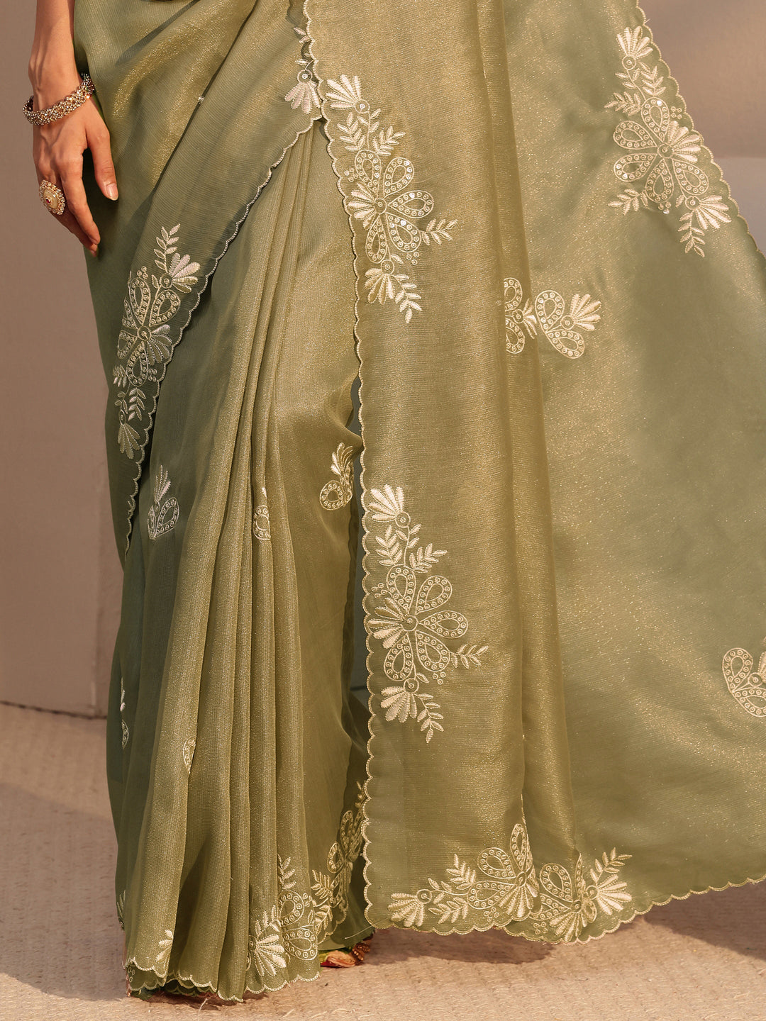 Libas Taupe Floral Embroidered Net Saree