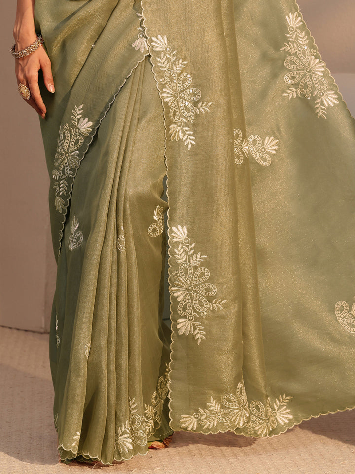 Libas Taupe Floral Embroidered Net Saree
