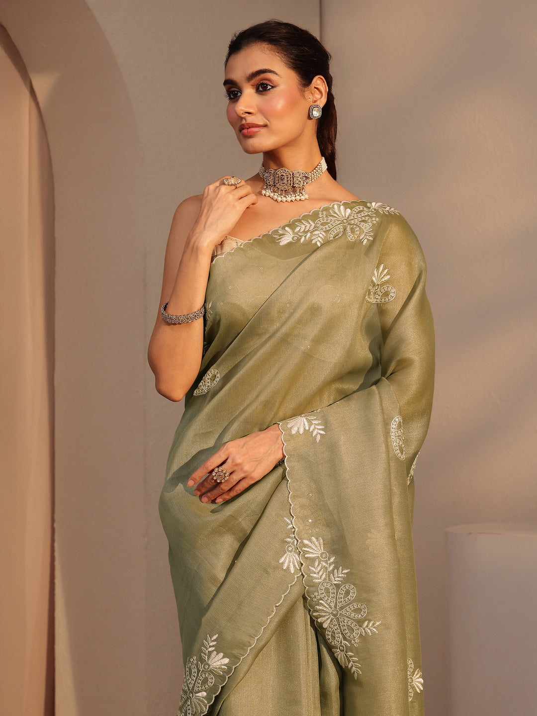 Libas Taupe Floral Embroidered Net Saree