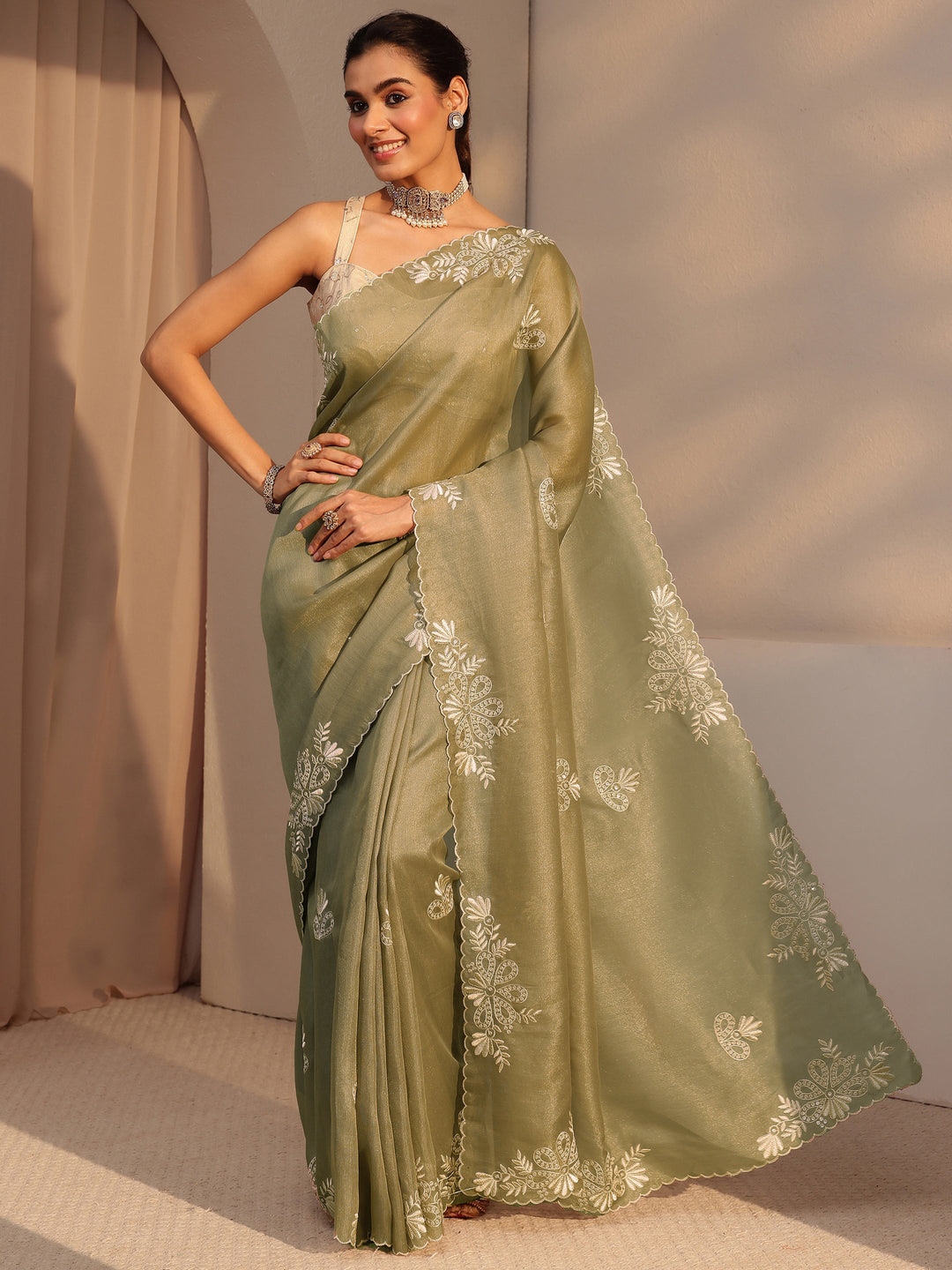 Libas Taupe Floral Embroidered Net Saree