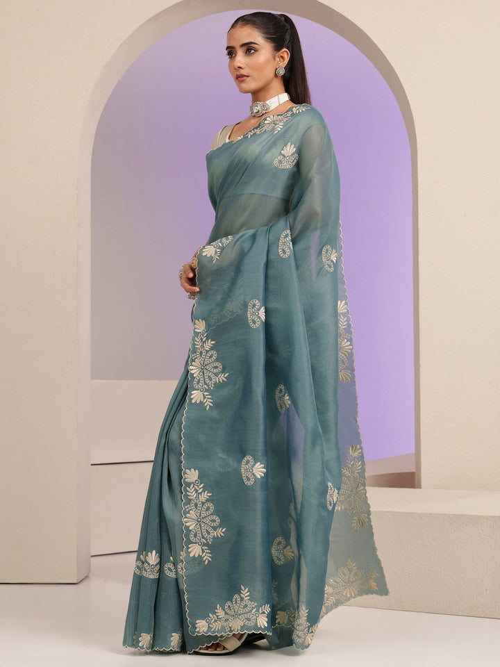 Libas Teal Blue Floral Embroidered Net Saree