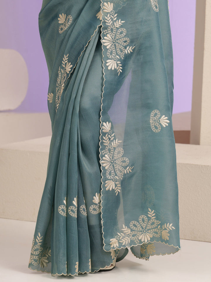 Libas Teal Blue Floral Embroidered Net Saree