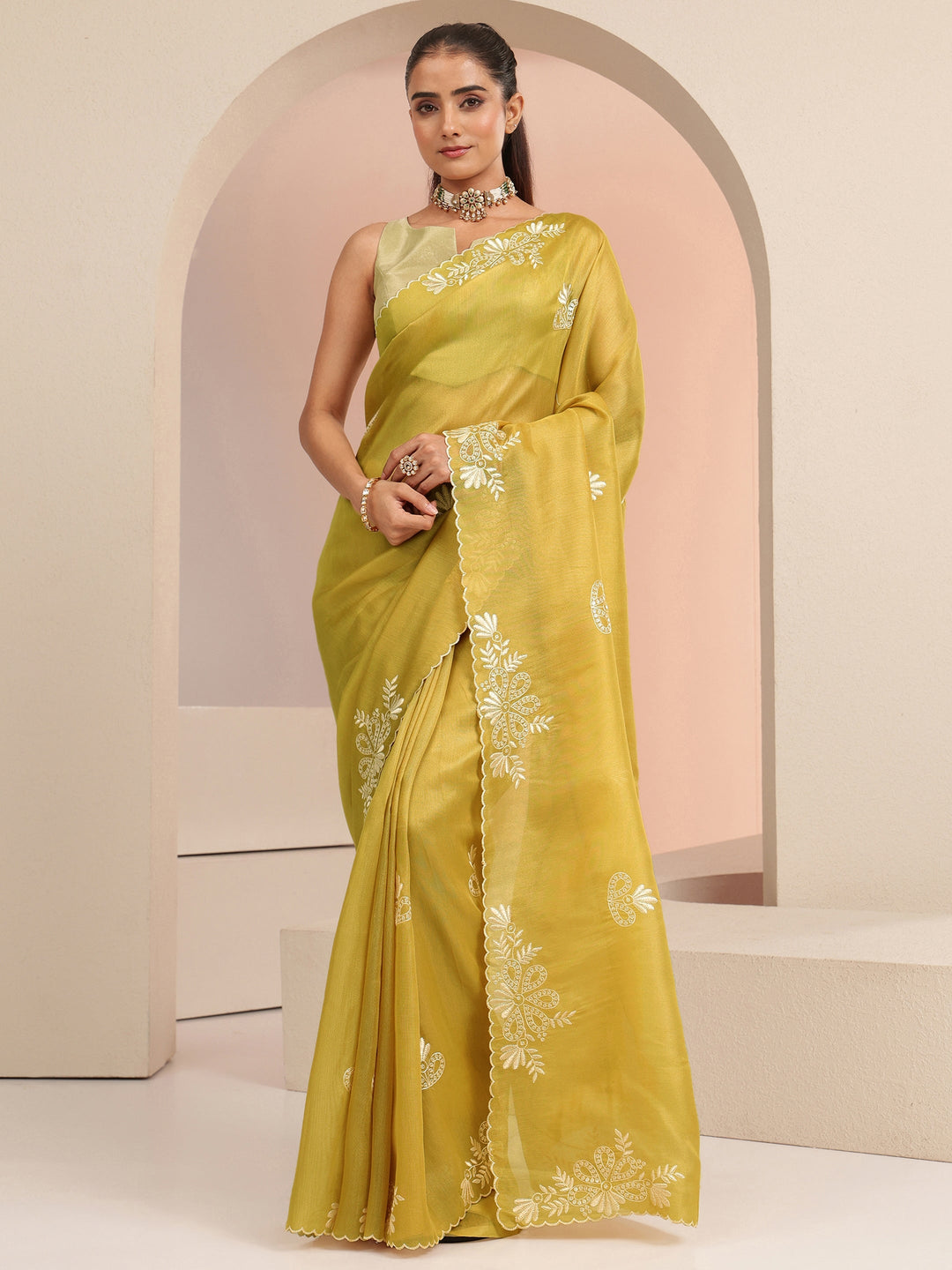 Libas Mustard Floral Embroidered Net Saree