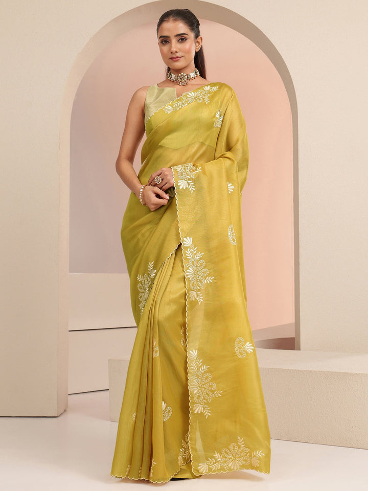 Libas Mustard Floral Embroidered Net Saree