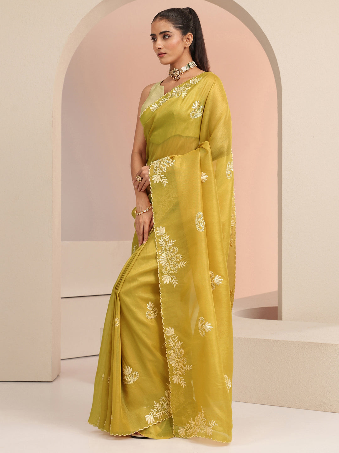Libas Mustard Floral Embroidered Net Saree
