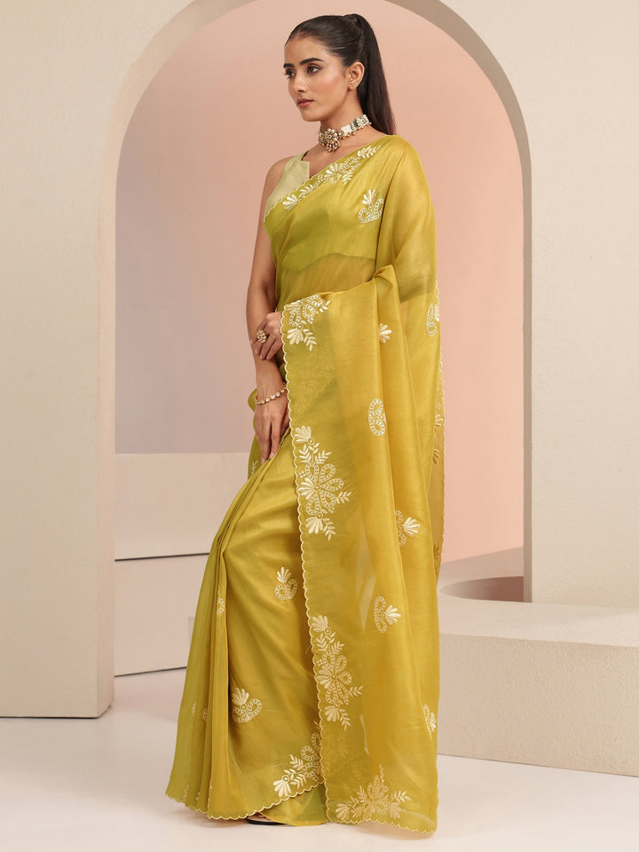 Libas Mustard Floral Embroidered Net Saree