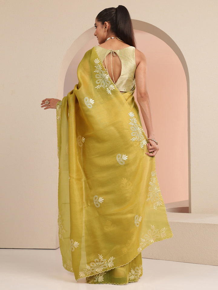 Libas Mustard Floral Embroidered Net Saree