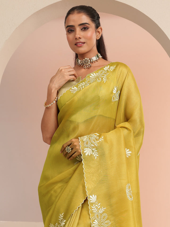 Libas Mustard Floral Embroidered Net Saree