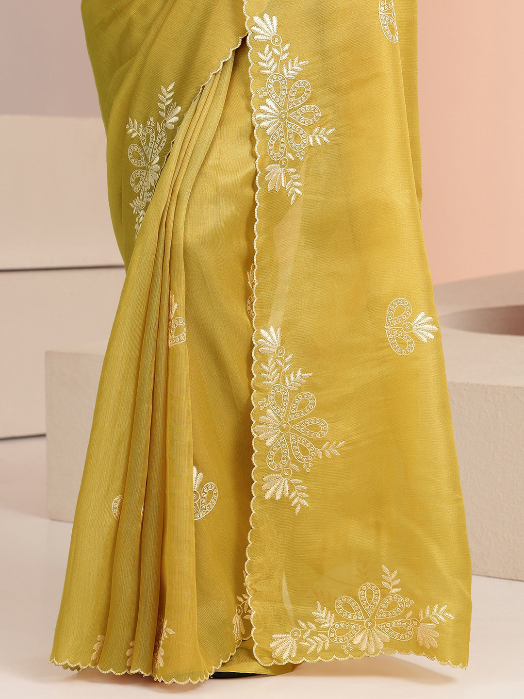 Libas Mustard Floral Embroidered Net Saree