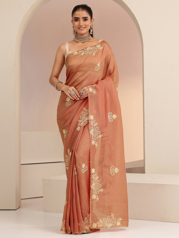Libas Peach Floral Embroidered Net Saree