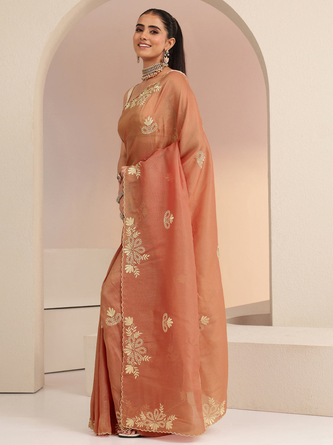 Libas Peach Floral Embroidered Net Saree