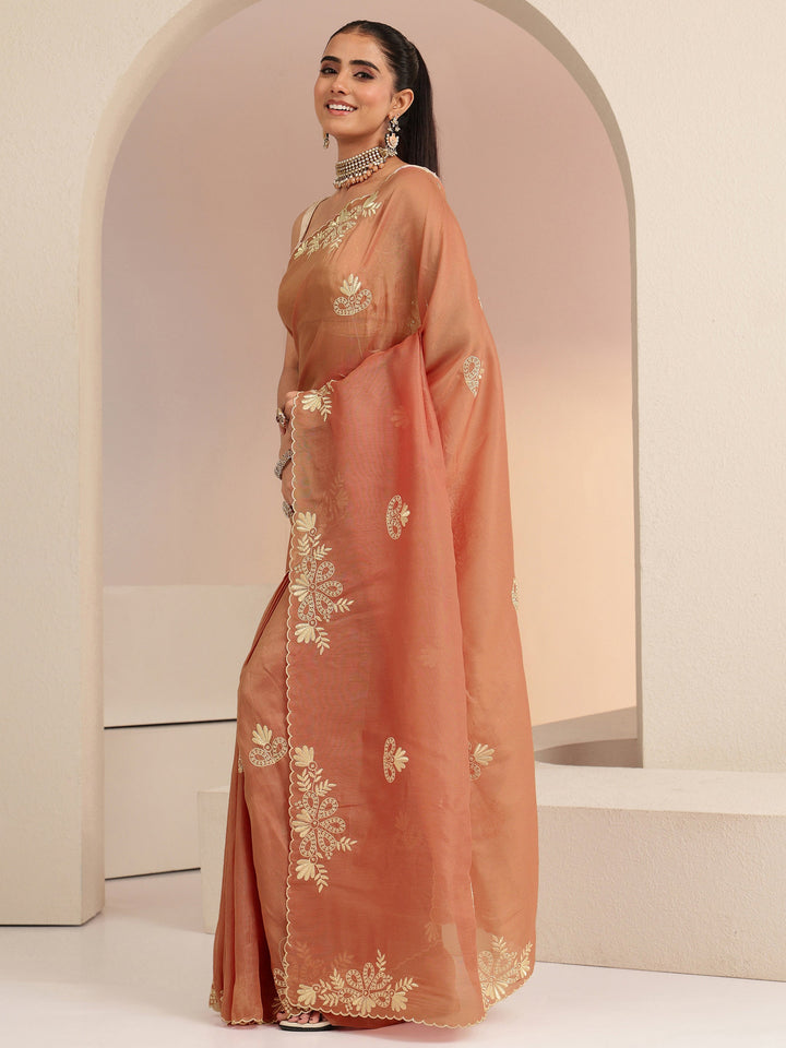 Libas Peach Floral Embroidered Net Saree