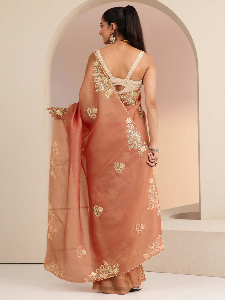 Libas Peach Floral Embroidered Net Saree