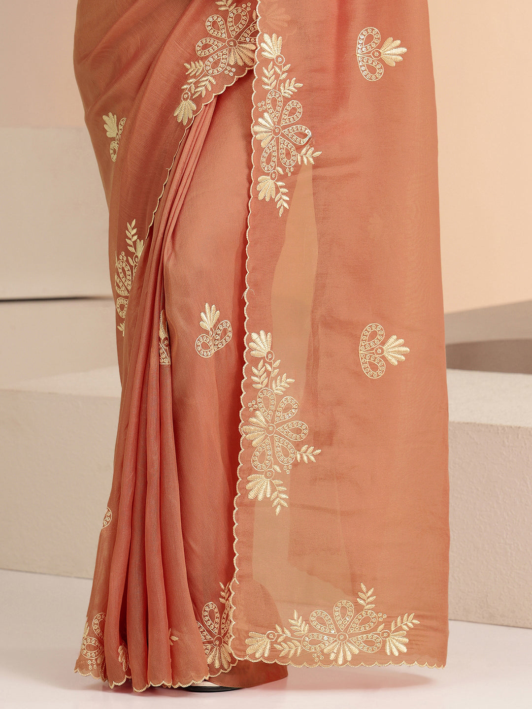 Libas Peach Floral Embroidered Net Saree