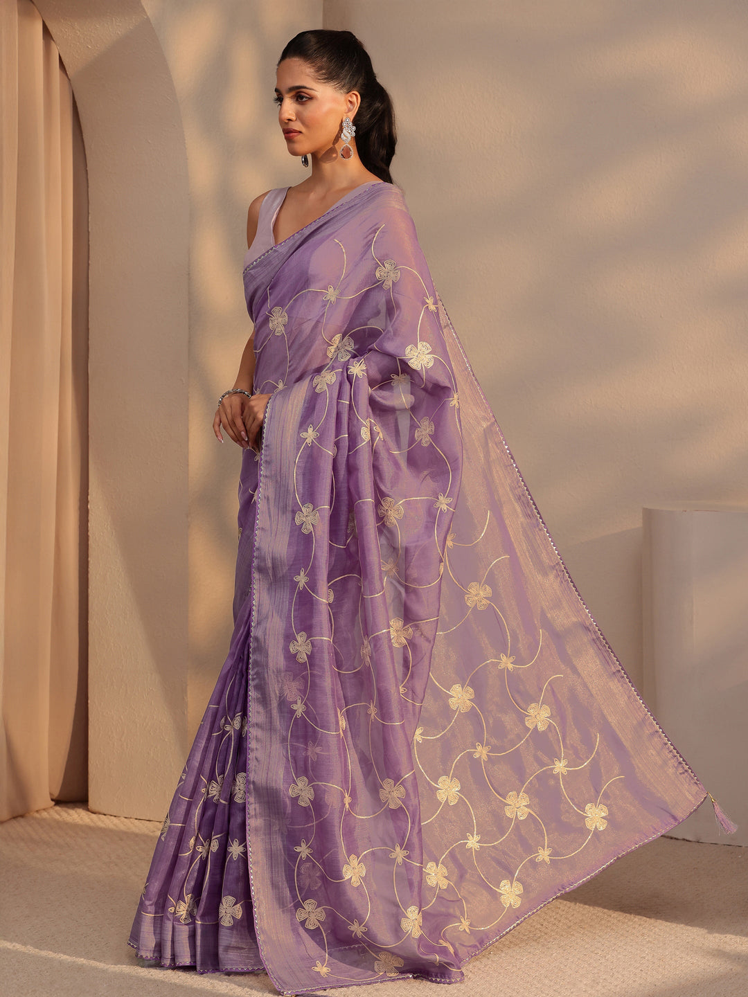 Libas Purple Floral Embroidered Tissue Saree