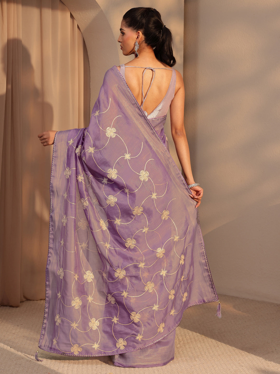 Libas Purple Floral Embroidered Tissue Saree