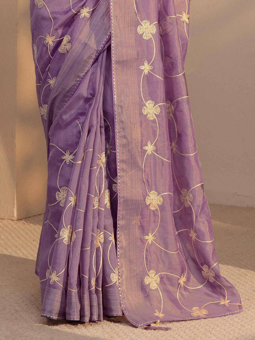 Libas Purple Floral Embroidered Tissue Saree