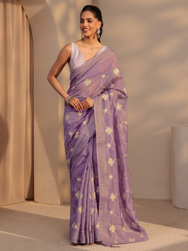 Libas Purple Floral Embroidered Tissue Saree